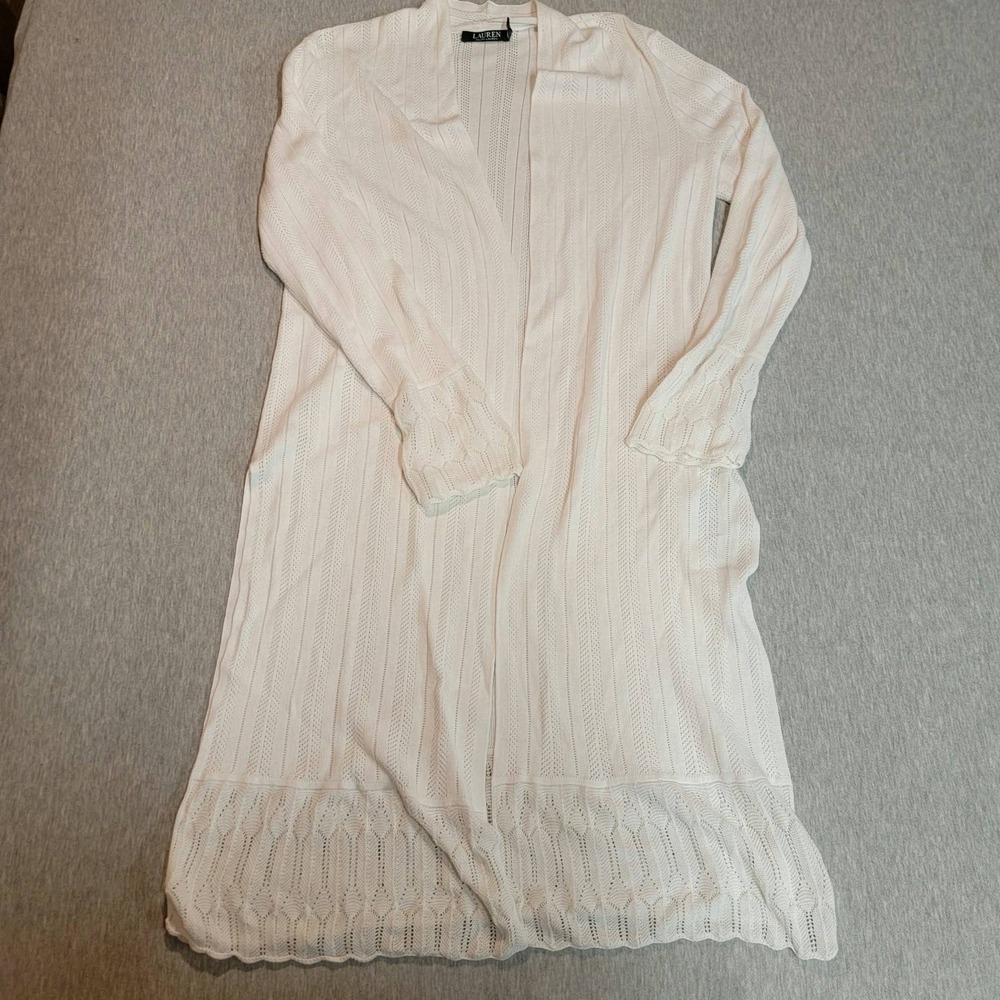 Lauren Ralph Lauren Cardigan Women L White Duster Pointelle Knit Cotton Sweater